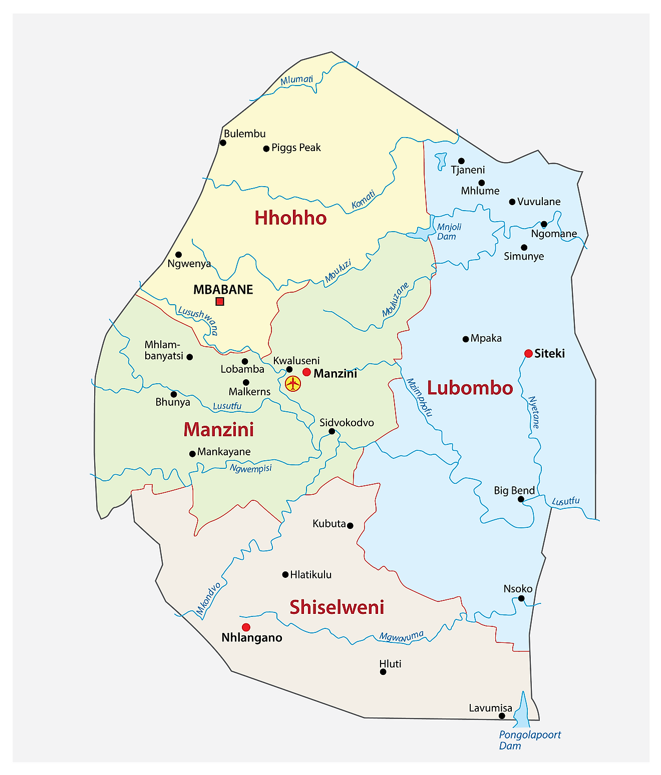 Administrative Map of Eswatini showing the four regions of the country, their capitals, and the national capital of Mbabane.