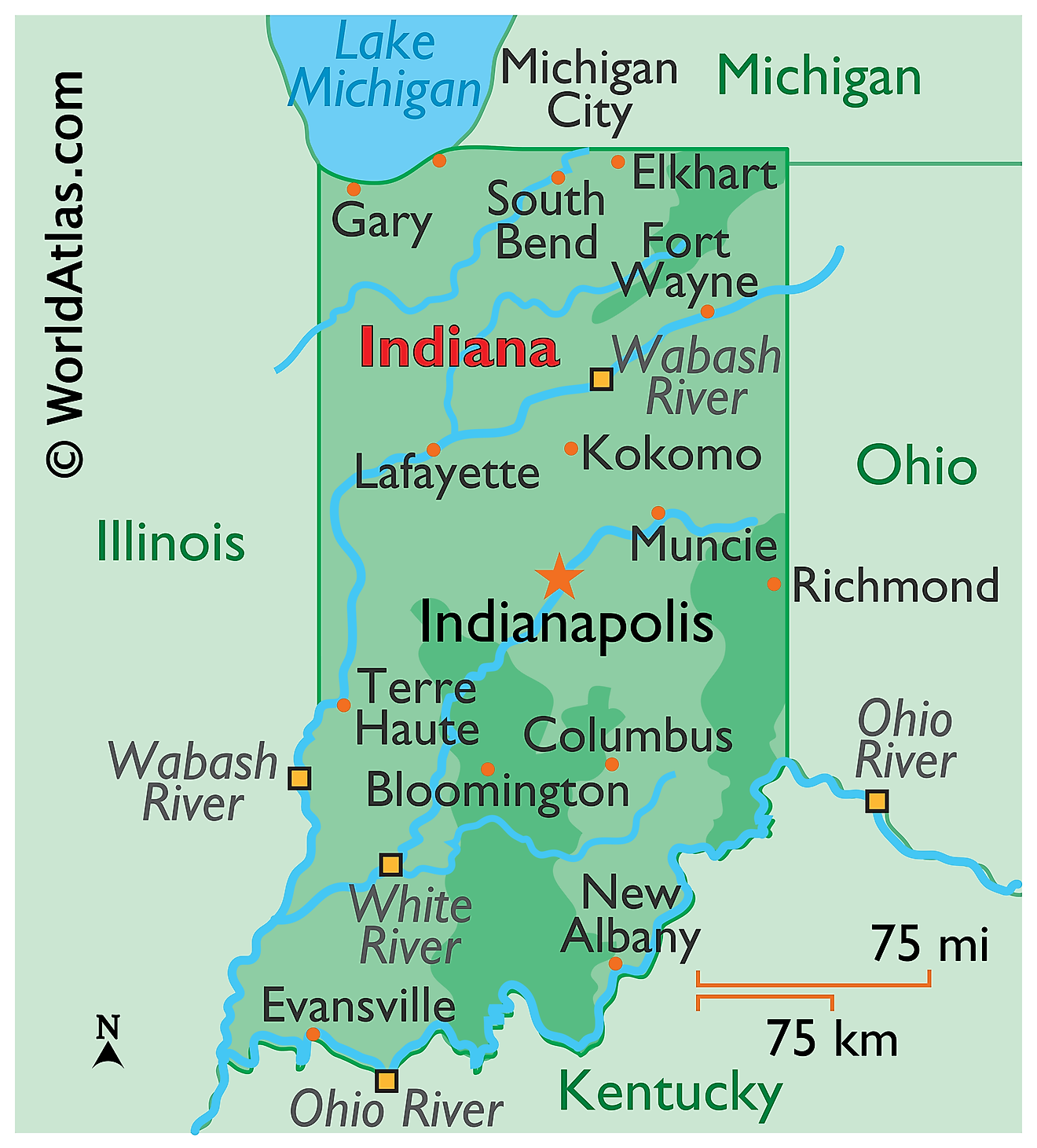 Physical Map of Indiana. It shows the physical features of Indiana including mountain ranges, major rivers and lakes. 