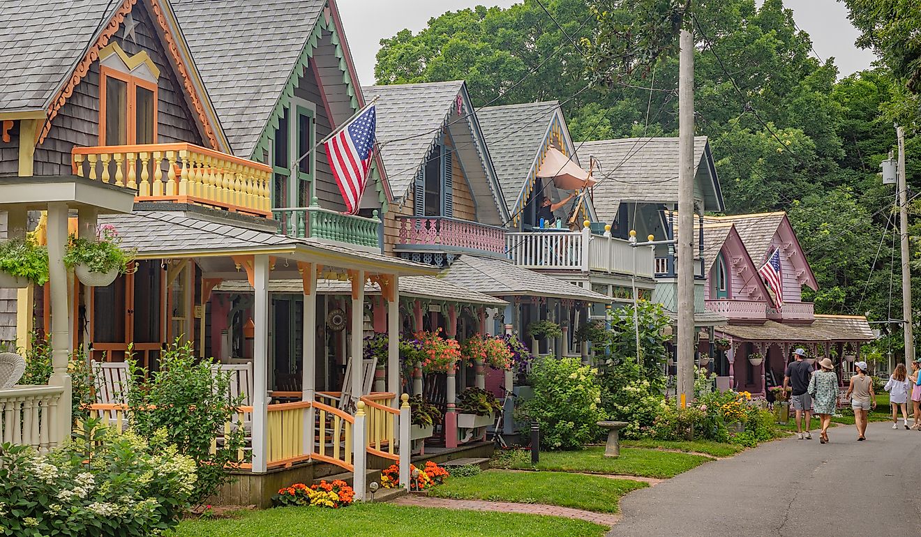 Brightly painted Gingerbread cottages in the historic Camp Meeting district in Oaks Bluff, Martha's Vineyard. Editorial credit: Heidi Besen / Shutterstock.com