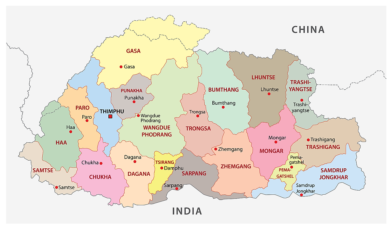 Political Map of Bhutan showing the 20 districts of the country, their capitals, and the national capital of Thimpu.