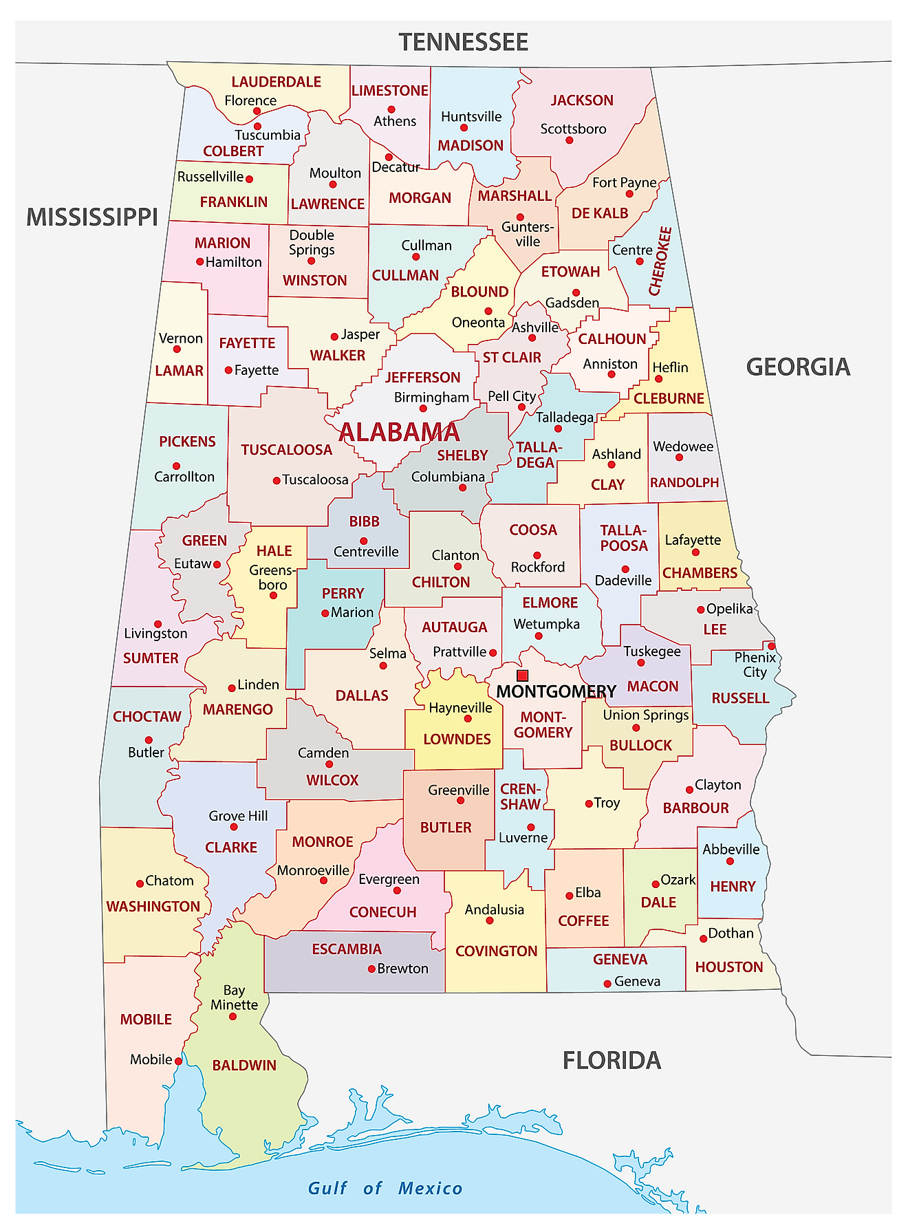 Administrative Map of Alabama showing its 67 counties and the capital city - Montgomery