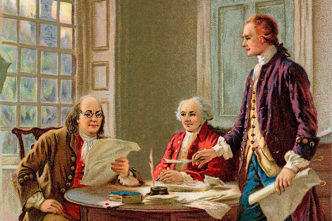Benjamin Franklin, John Adams and Thomas Jefferson reviewing the Declaration of Independence in 1776. 
