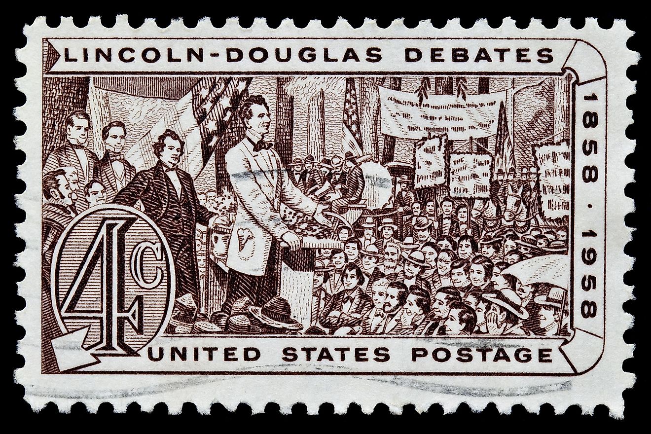 A stamp printed in United States. Lincoln - Douglas Debate of 1858. United States - CIRCA 1950's Image credit: Michael Rega / Shutterstock.com