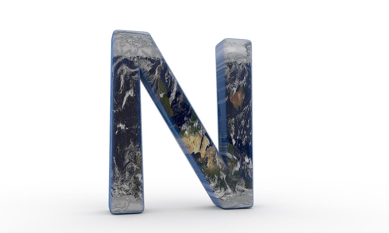 The Letter "N" decorated in the features of Planet Earth.
