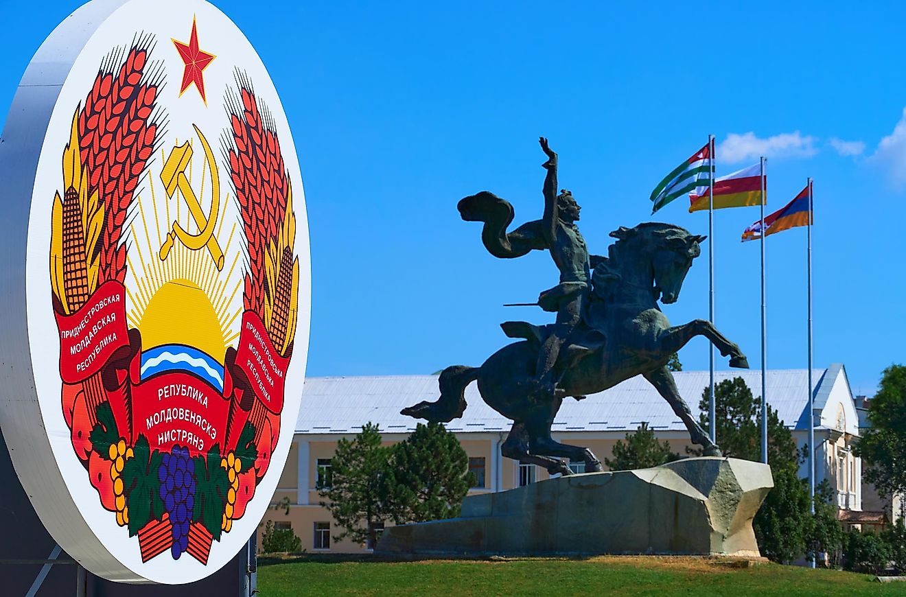 State emblem with the monument to Commander Suvorov in Tiraspol, Transnistria, Moldova.