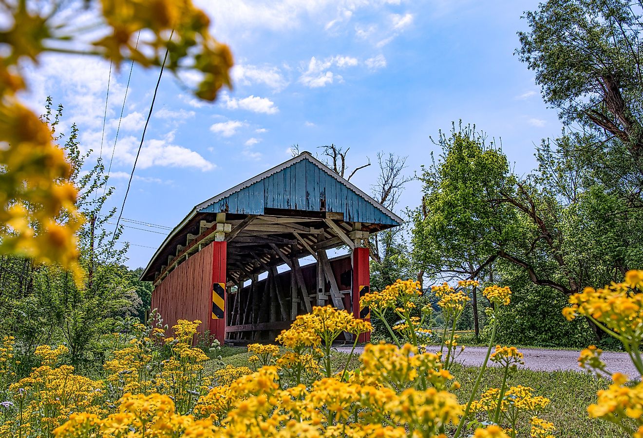 Gower Road Covered Bridge in Glenford, Ohio with wildflowers growing in spring. Image credit JNix via Shutterstock