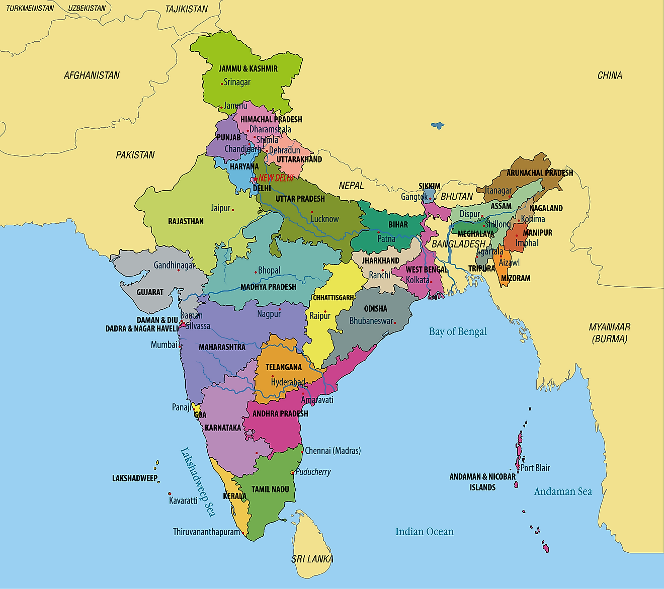 Political Map of India showing its 28 States and 8 Union Territories and the capital city - New Delhi