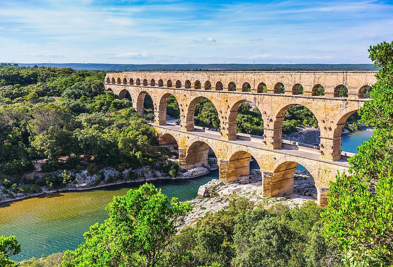 Three-tiered aqueduct Pont du Gard, built in Roman times on the River Gardon.