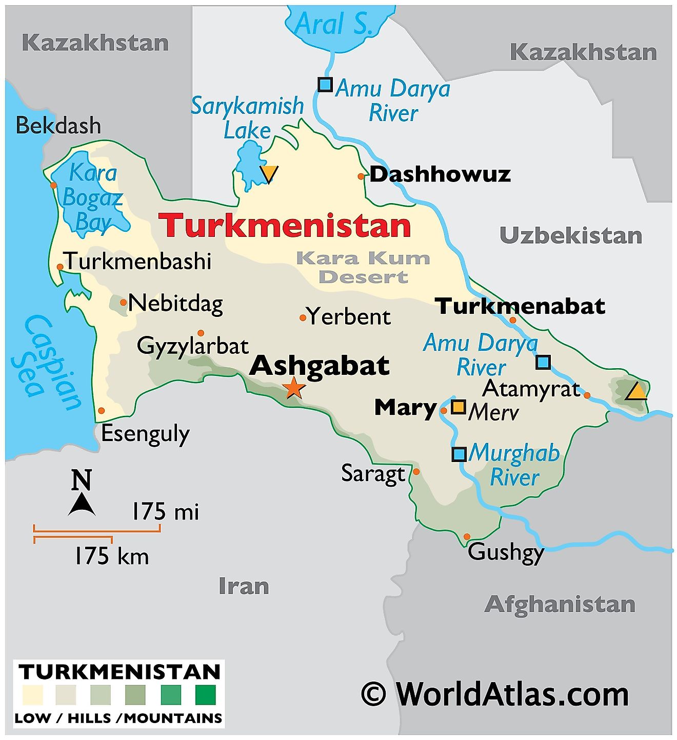 Physical Map of Turkmenistan with state boundaries, relief, major rivers, lakes, highland areas, highest peak, important cities, and more.