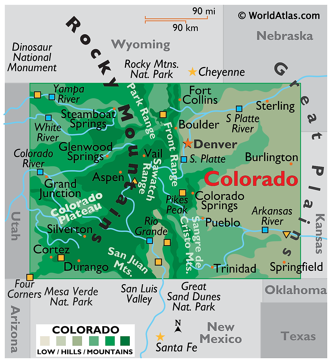 Physical Map of Colorado. It shows the physical features of Colorado including its mountain ranges, major rivers and plateau. 