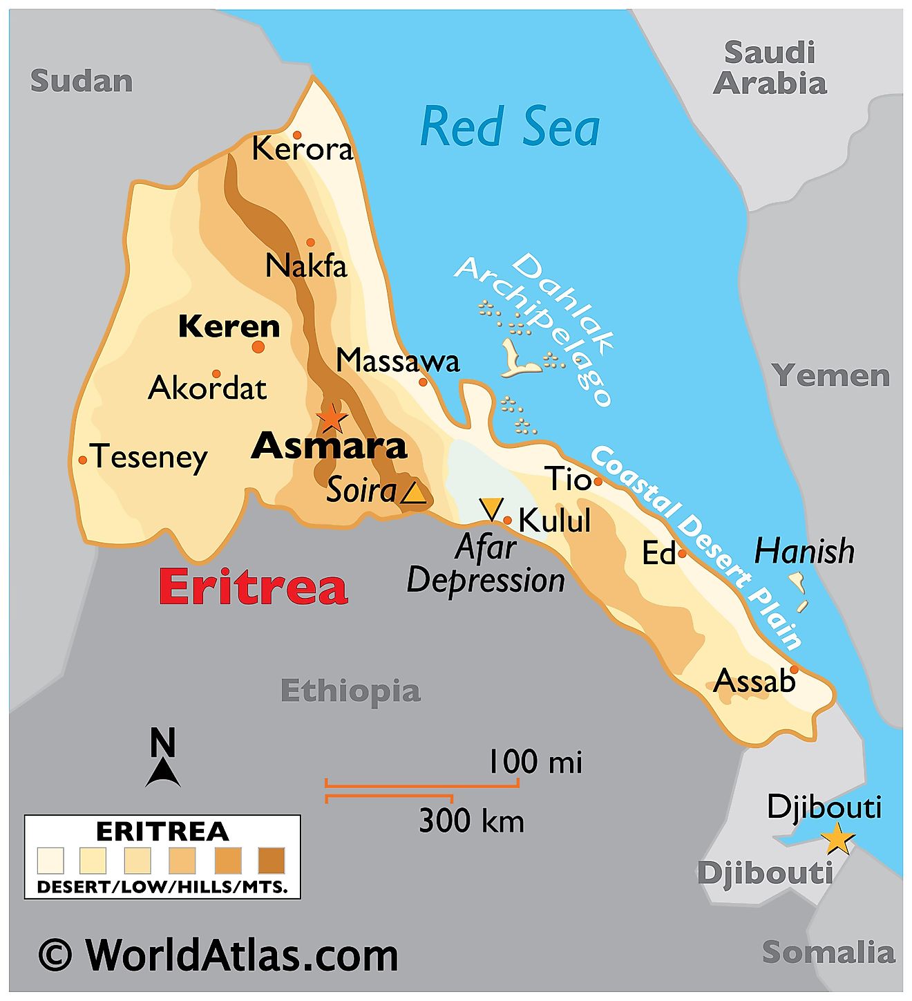 Physical Map of Eritrea with state boundaries, relief, extreme points, offshore islands, and important cities.