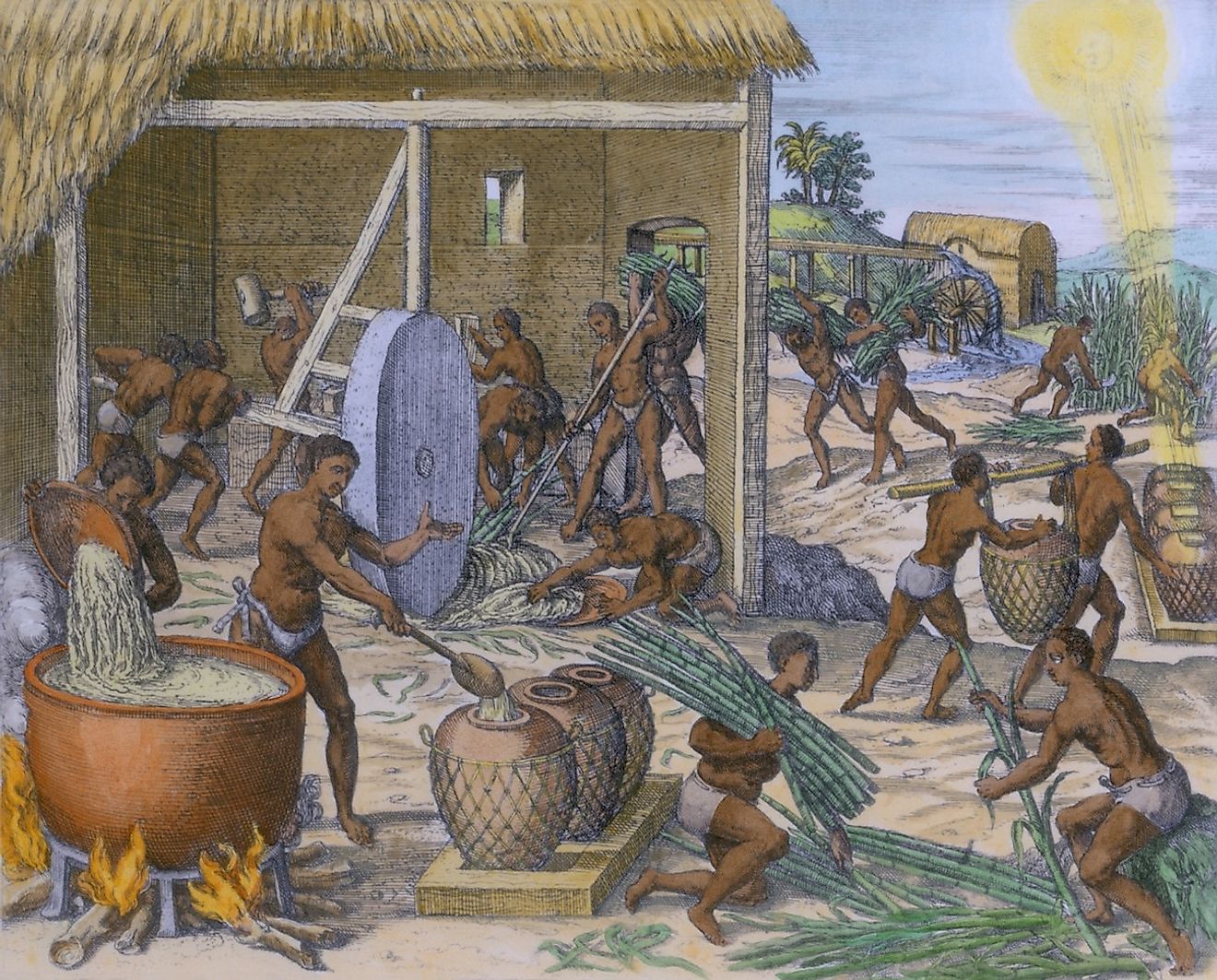 African slaves processing sugar cane on the Caribbean island of Hispaniola, 1595 engraving by Theodor de Bry with modern watercolor.