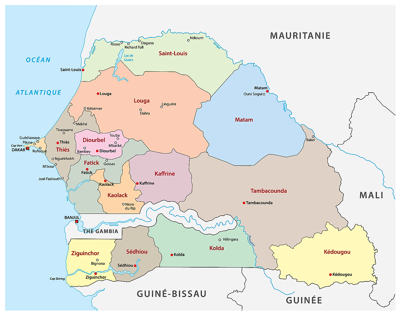Political Map of Senegal displaying the fourteen regions, their capitals, and the national capital of Dakar.