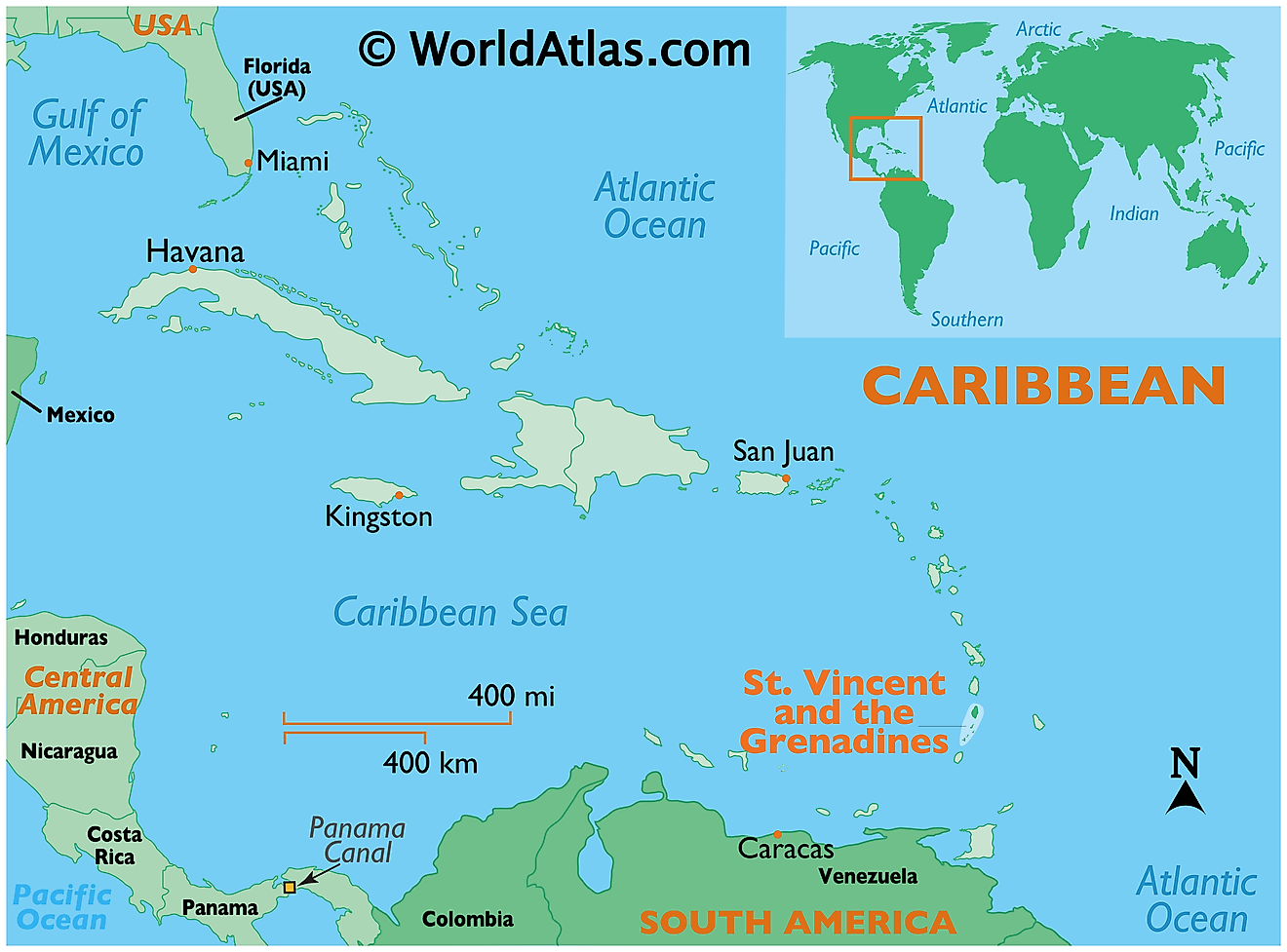 Map showing location of St Vincent and the Grenadines in the world.