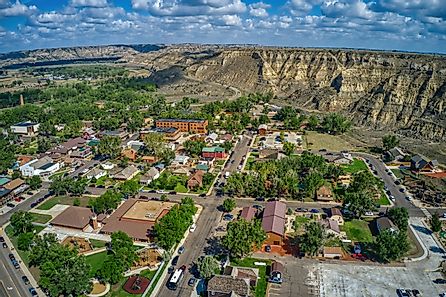 Aerial view of the tourist town of Medora, North Dakota, outside of Theodore Roosevelt National Park.