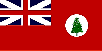 Red banner featuring Union Jack on canton and white disc bearing Norfolk Island pine on fly side