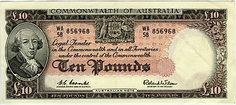 An Australian 10 pound bank note featuring Governor Phillip, issued between 1954 and 1959