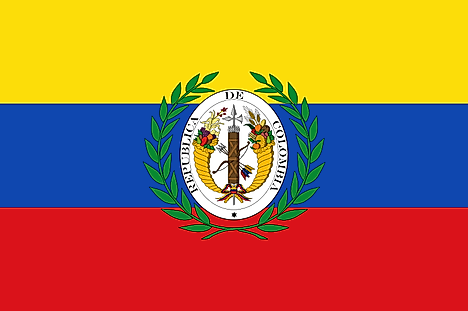 Yellow, blue, and red horizontal flag with official seal in the middle
