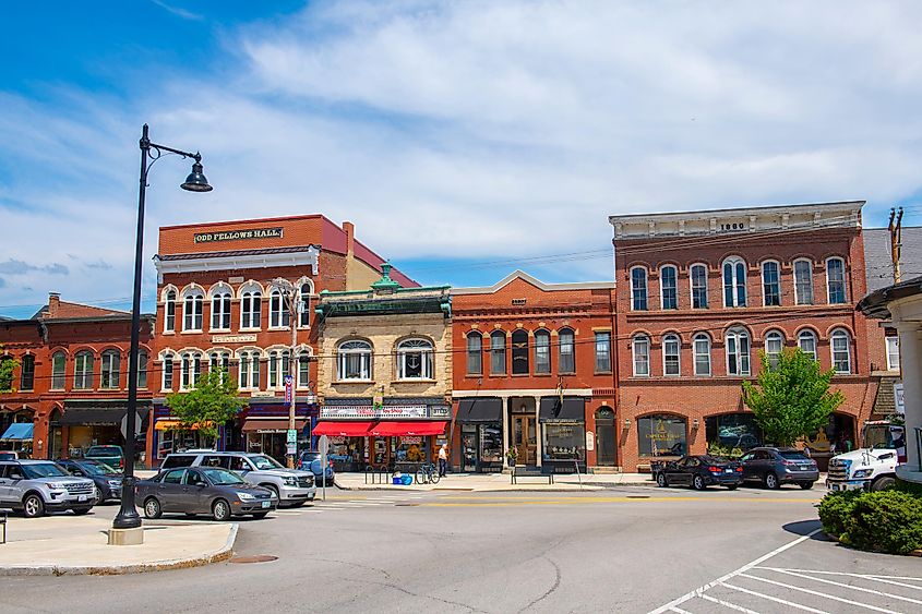 Historic Italianate-style commercial buildings at Water Street and Front Street in the historic town center of Exeter, New Hampshire, USA.