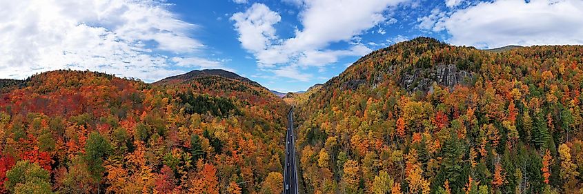 Aerial view of peak fall foliage in Keene, New York, in upstate New York.