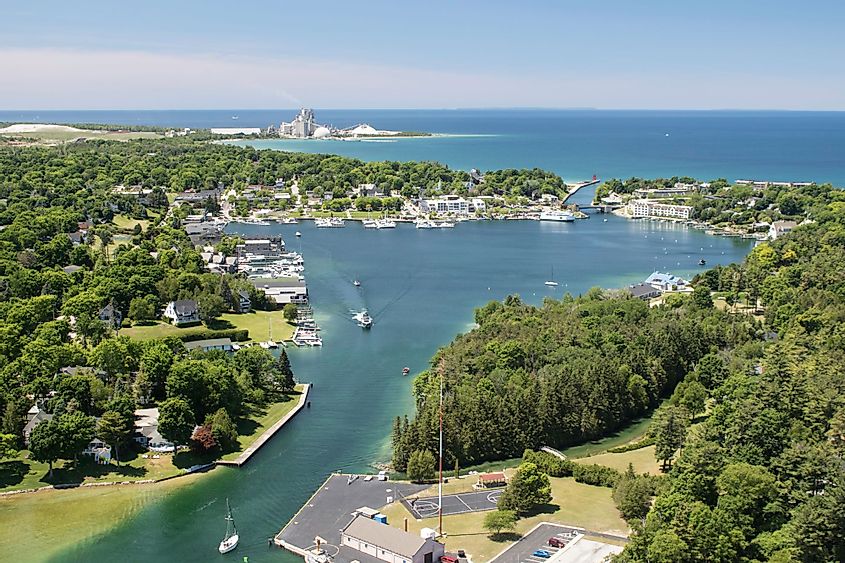 Aerial view of Round Lake in Charlevoix, Michigan. 