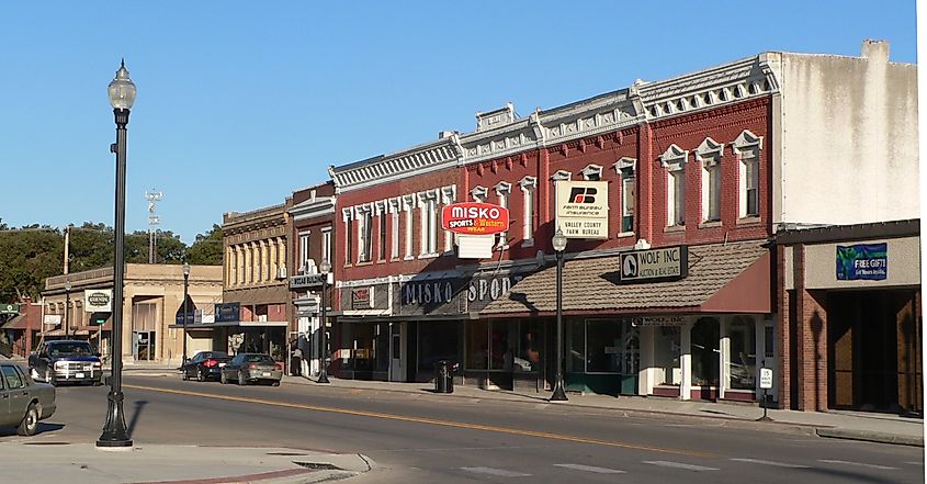 Buildings along a street in downtown Ord, Nebraska.