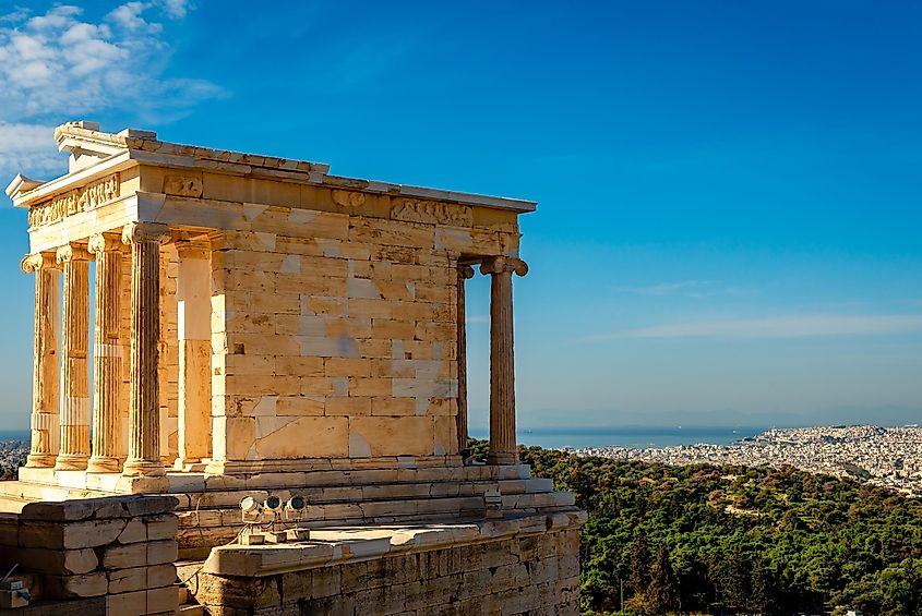 The Temple of Athena Nike, on the Acropolis of Athens, Greece, named after the Greek goddess Athena.
