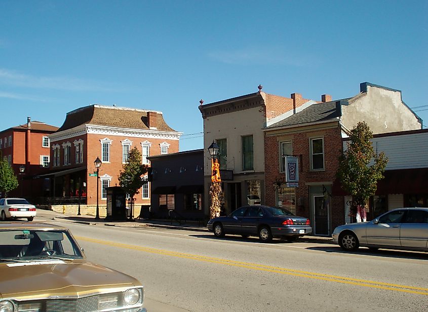 Rustic brick buildings along a street in Le Claire, Iowa.