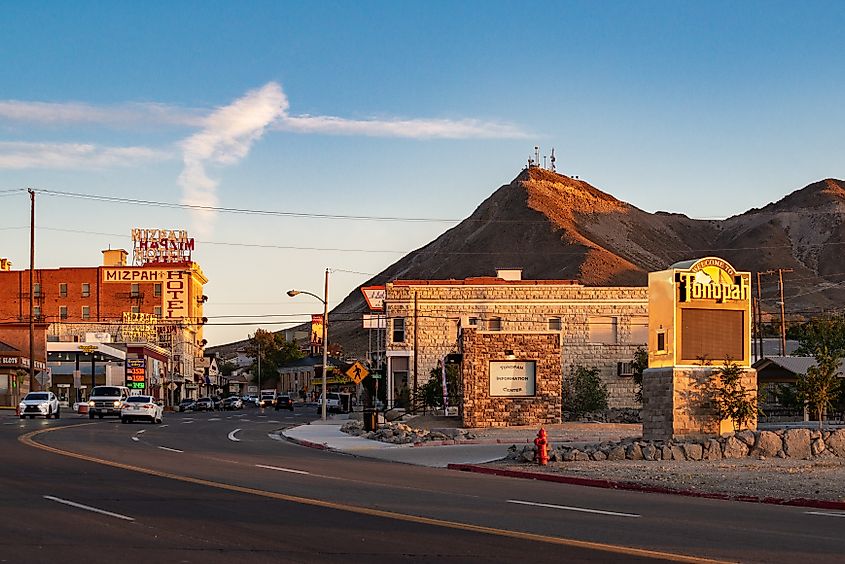 buildings and a mountain along the main street in Tonopah, Nevada.