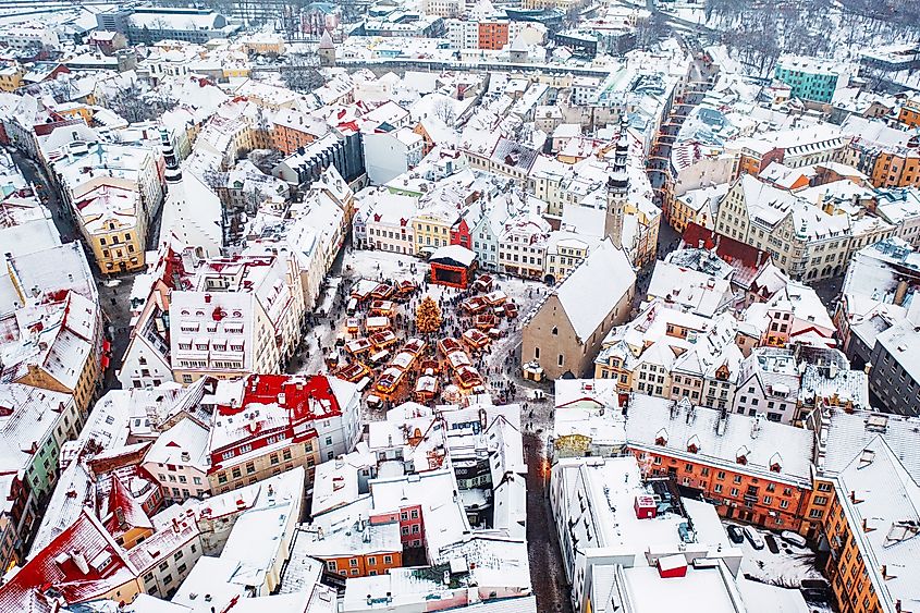 Aerial view of Tallinn Old Town the Town Hall Square in winter.