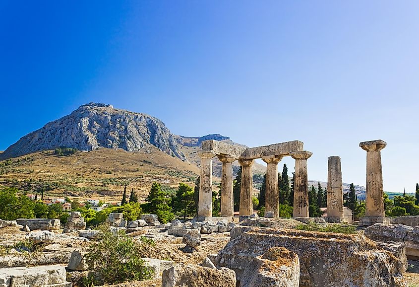 Ruins of temple in Corinth, Greece - archaeology background.
