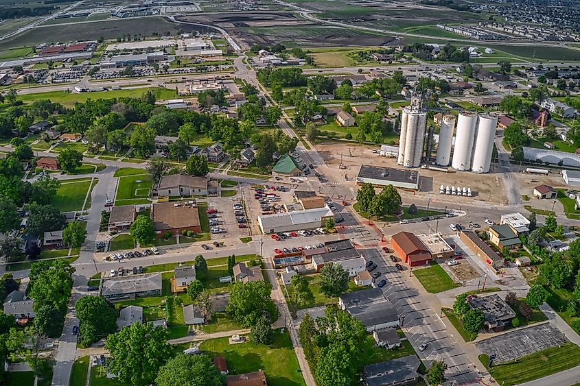 Aerial View of the Downtown Center of Waukee, Iowa during Summer.