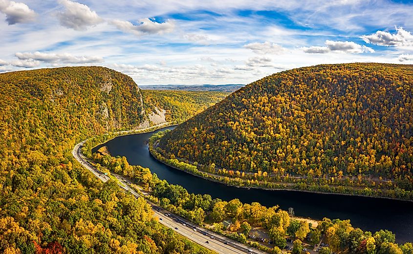 Aerial view of Delaware Water Gap on a sunny autumn day.