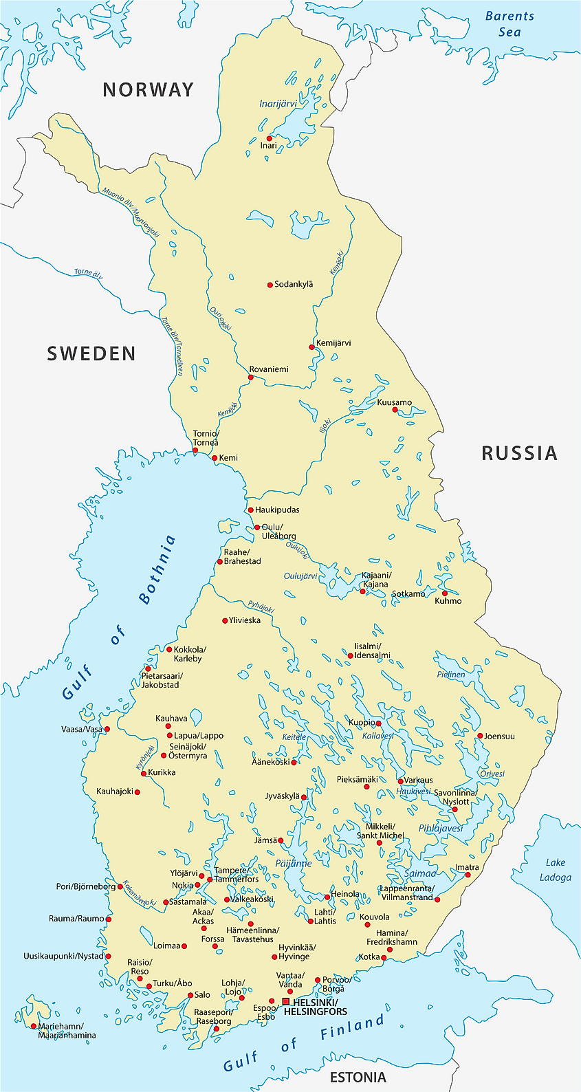 The map of Finland showing the Kemijoki and other rivers.