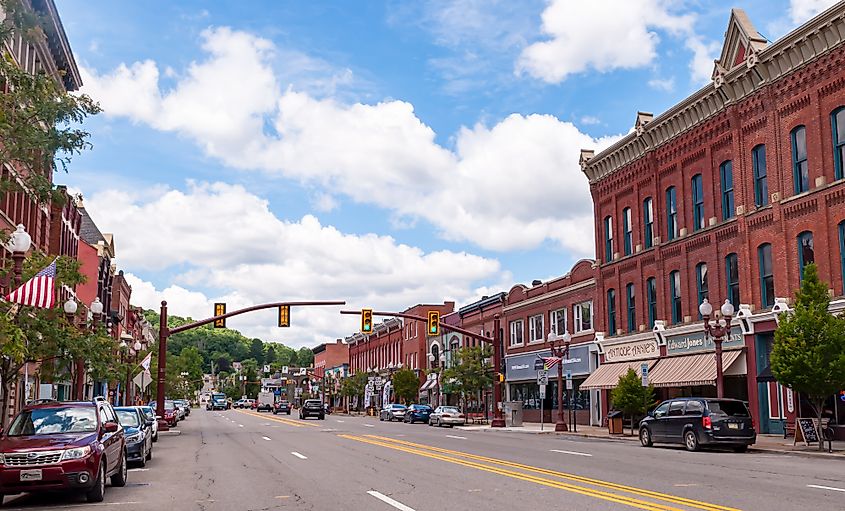 Buildings along Liberty Street in Franklin, Pennsylvania, USA, on a sunny summer day. Franklin serves as the county seat of Venango County in northwest Pennsylvania.