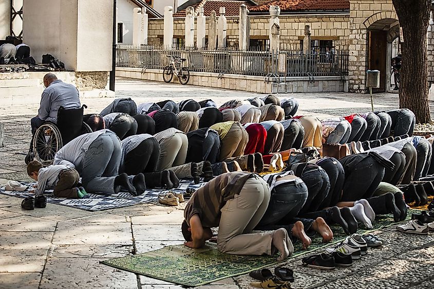 Muslims praying in a mosque in Sarajevo