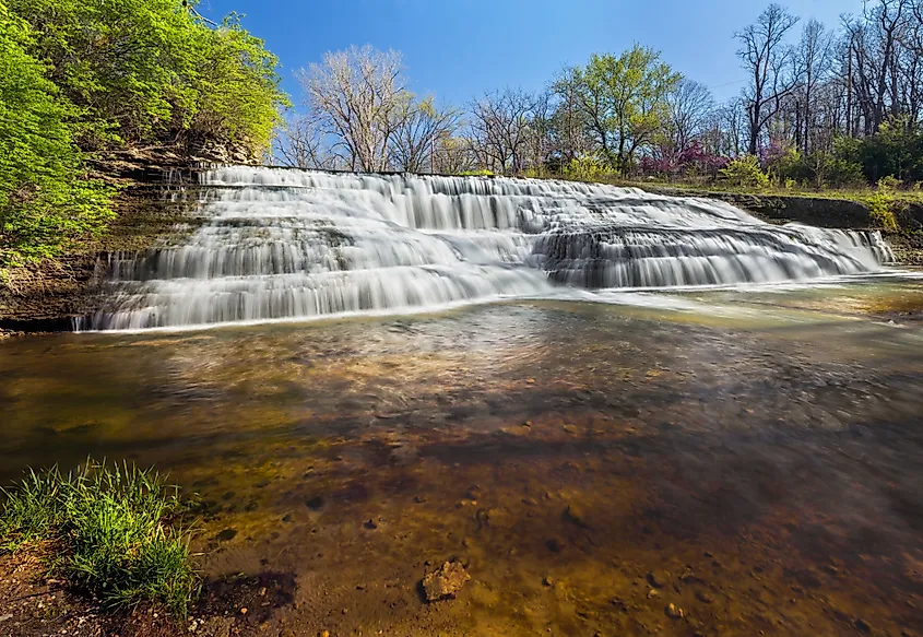 Richmond Indiana's Thistlewater Falls cascades over rocky ledges.