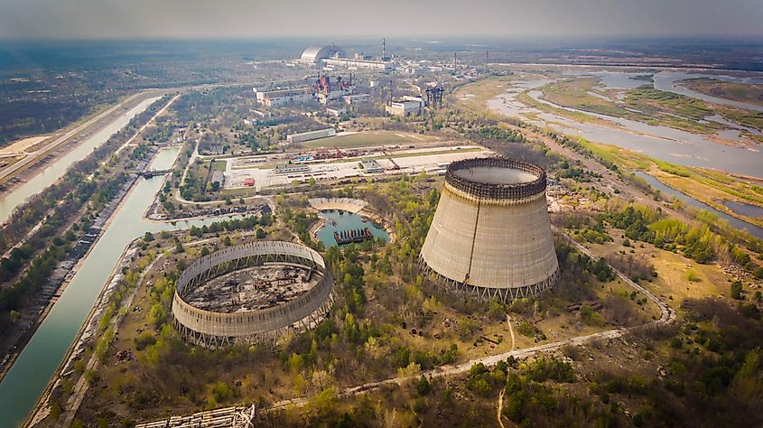 Aerial view of Chernobyl nuclear reactors with surrounding canals in spring.