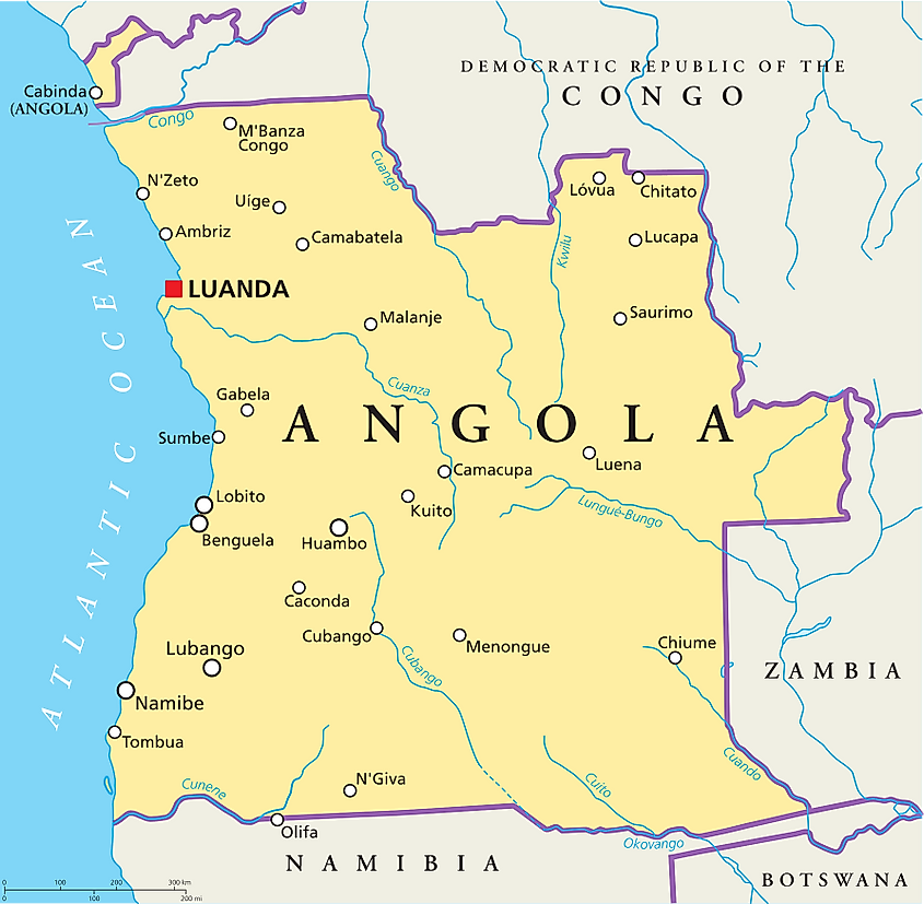 A map showing the major rivers of Angola including the Cuango River.