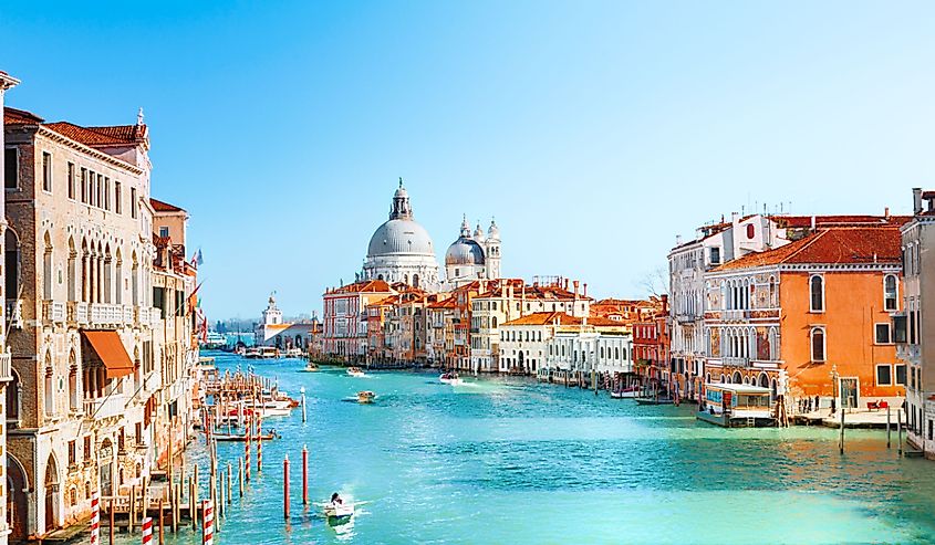 Grand Canal and Basilica Santa Maria della Salute in Venice, Italy. Famous tourist destination.
