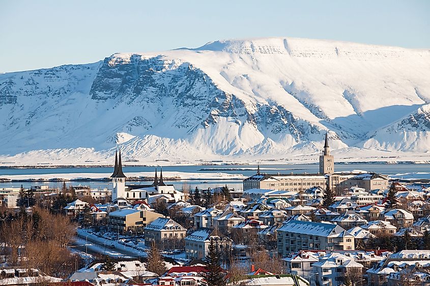 Reykjavik city view of Hallgrimskirkja from Perlan Dome, Iceland.
