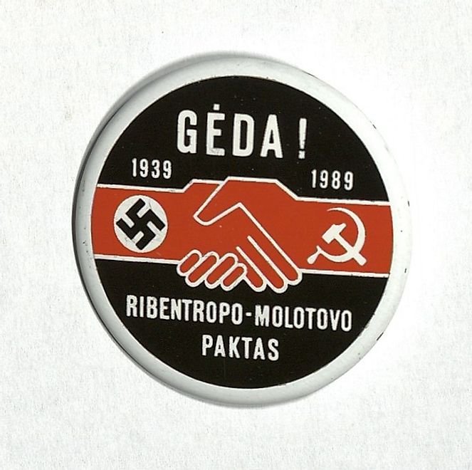 Shame! A metal pin made in 1989 (50th anniversary of the Molotov–Ribbentrop Pact)