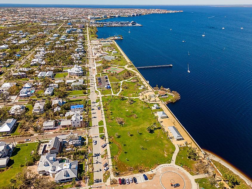 Aerial drone image showing the aftermath of Hurricane Ian and cleanup efforts in Punta Gorda, Florida.