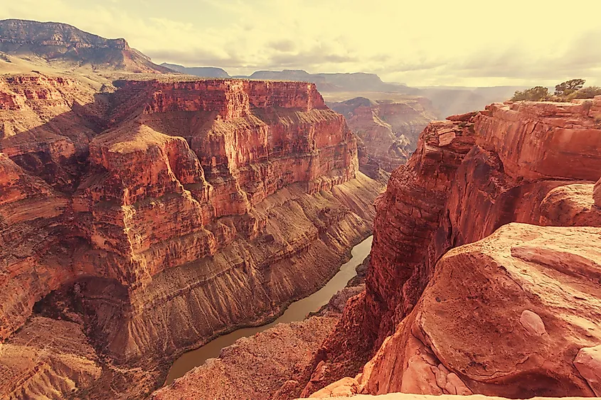 The layered walls and buttes of the Grand Canyon in Arizona