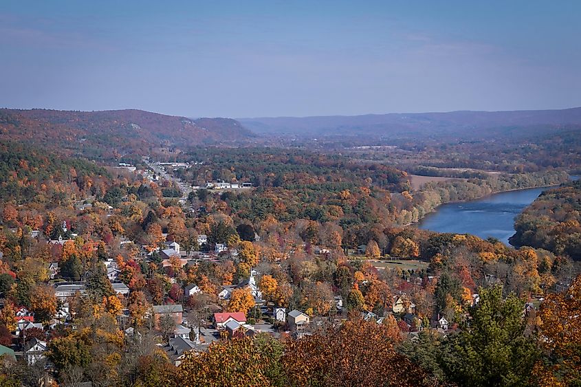 Milford, Pennsylvania, and the Delaware River from a scenic overlook on a sunny fall day.