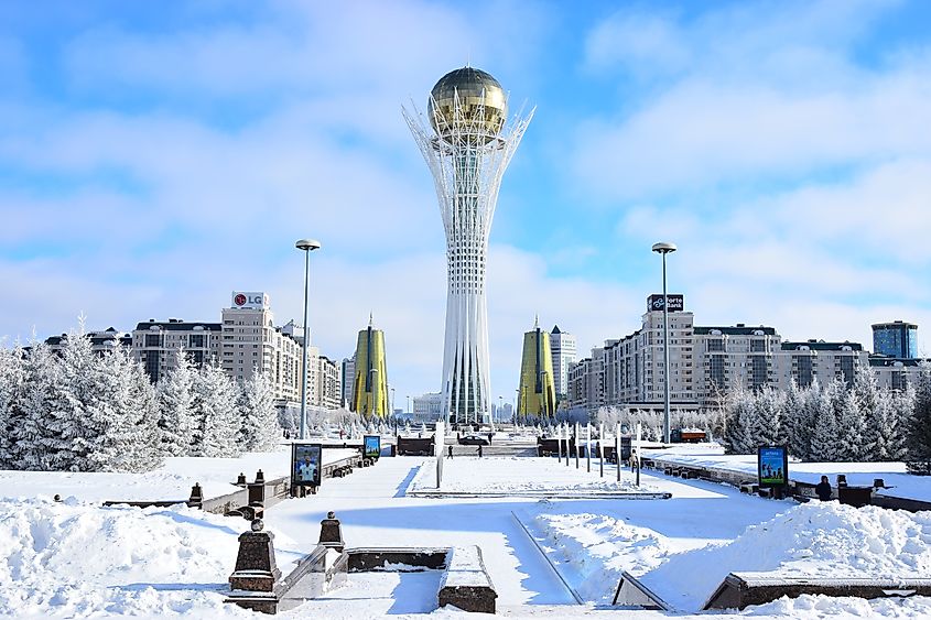 Winter view of the BAITEREK tower in Astana (Nur-Sultan), capital of Kazakhstan.