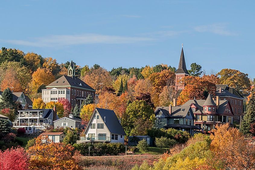 A picturesque scene of golden autumn colors in rural Bayfield, Wisconsin, on a beautiful sunny afternoon.