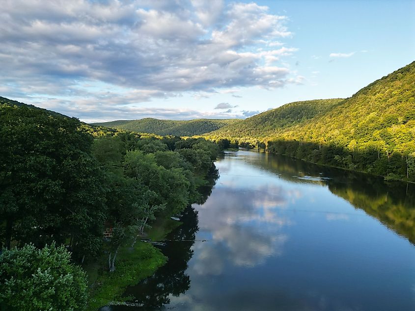 A drone shot of the sky reflecting off of the Allegheny River in Warren County, Pennsylvania.