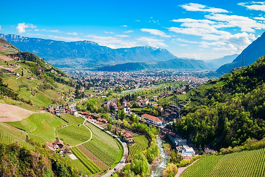 Aerial view of Bolzano and the Dolomite mountains in northern Italy.