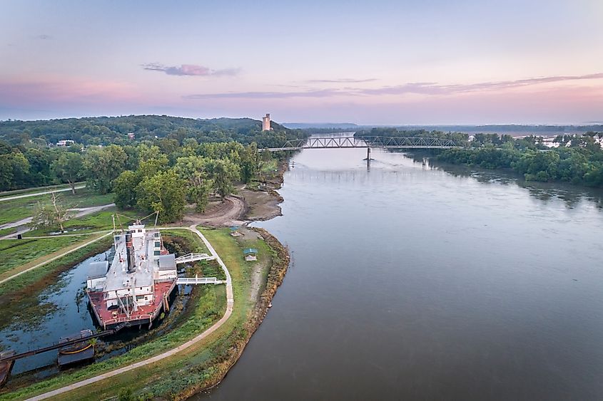 Aerial view of the Missouri River and Brownville Bridge in Brownville, Nebraska.